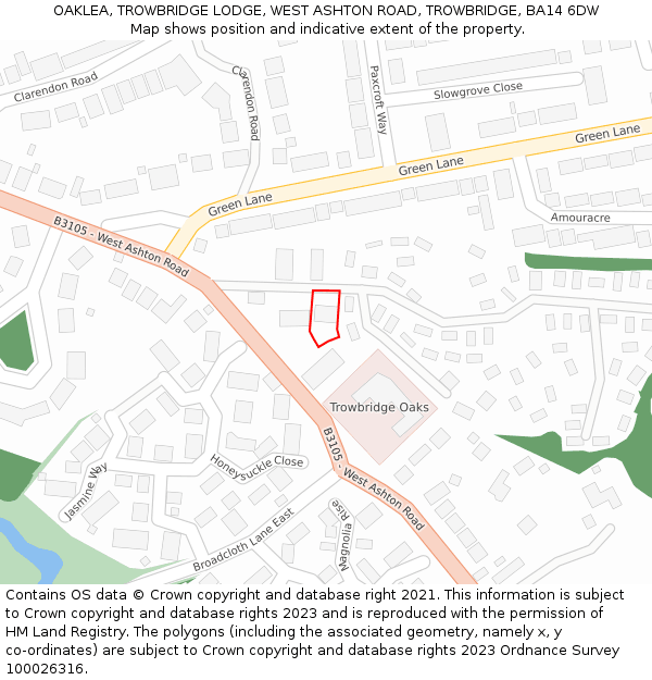 OAKLEA, TROWBRIDGE LODGE, WEST ASHTON ROAD, TROWBRIDGE, BA14 6DW: Location map and indicative extent of plot