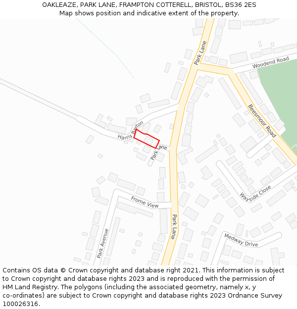 OAKLEAZE, PARK LANE, FRAMPTON COTTERELL, BRISTOL, BS36 2ES: Location map and indicative extent of plot