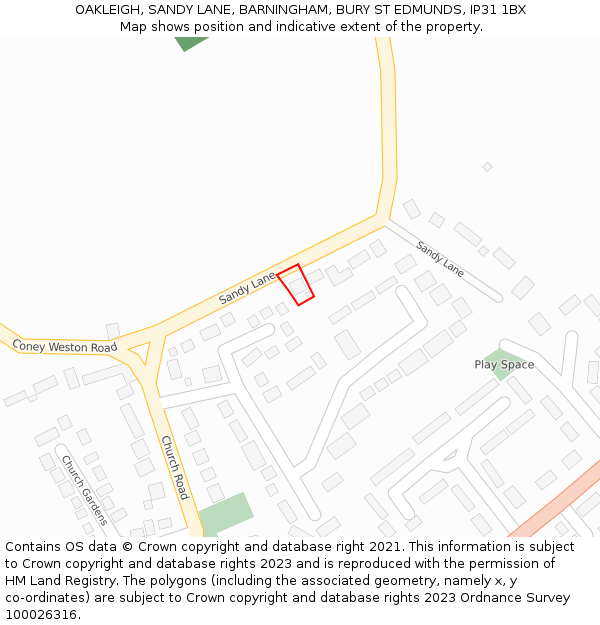 OAKLEIGH, SANDY LANE, BARNINGHAM, BURY ST EDMUNDS, IP31 1BX: Location map and indicative extent of plot