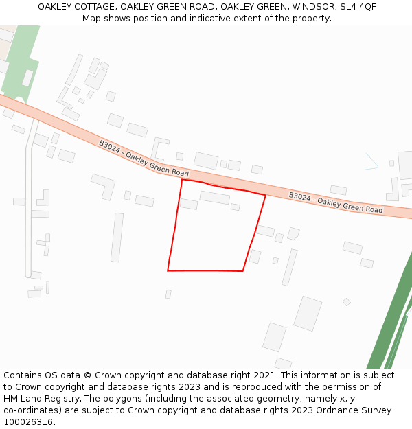 OAKLEY COTTAGE, OAKLEY GREEN ROAD, OAKLEY GREEN, WINDSOR, SL4 4QF: Location map and indicative extent of plot