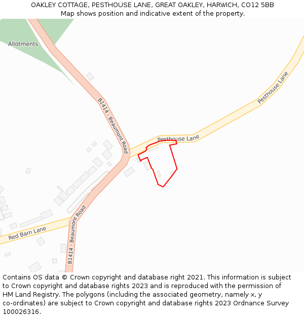 OAKLEY COTTAGE, PESTHOUSE LANE, GREAT OAKLEY, HARWICH, CO12 5BB: Location map and indicative extent of plot