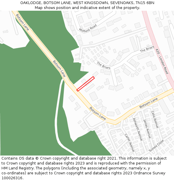 OAKLODGE, BOTSOM LANE, WEST KINGSDOWN, SEVENOAKS, TN15 6BN: Location map and indicative extent of plot