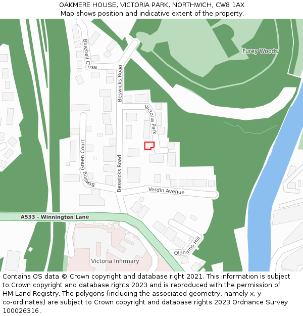 OAKMERE HOUSE, VICTORIA PARK, NORTHWICH, CW8 1AX: Location map and indicative extent of plot