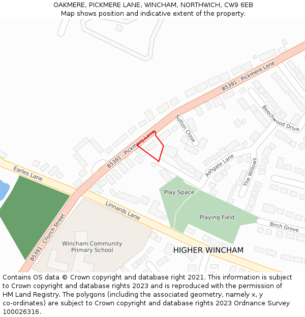 OAKMERE, PICKMERE LANE, WINCHAM, NORTHWICH, CW9 6EB: Location map and indicative extent of plot