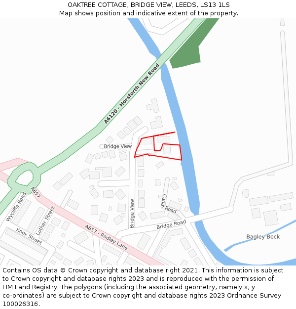 OAKTREE COTTAGE, BRIDGE VIEW, LEEDS, LS13 1LS: Location map and indicative extent of plot