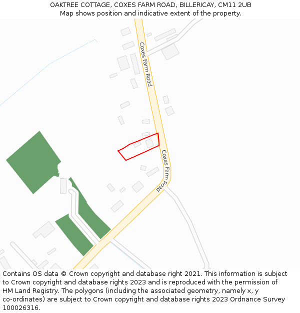 OAKTREE COTTAGE, COXES FARM ROAD, BILLERICAY, CM11 2UB: Location map and indicative extent of plot