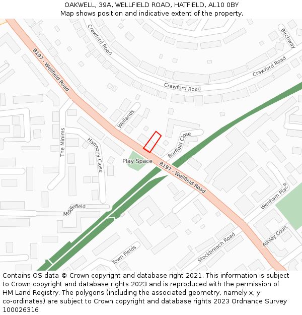 OAKWELL, 39A, WELLFIELD ROAD, HATFIELD, AL10 0BY: Location map and indicative extent of plot