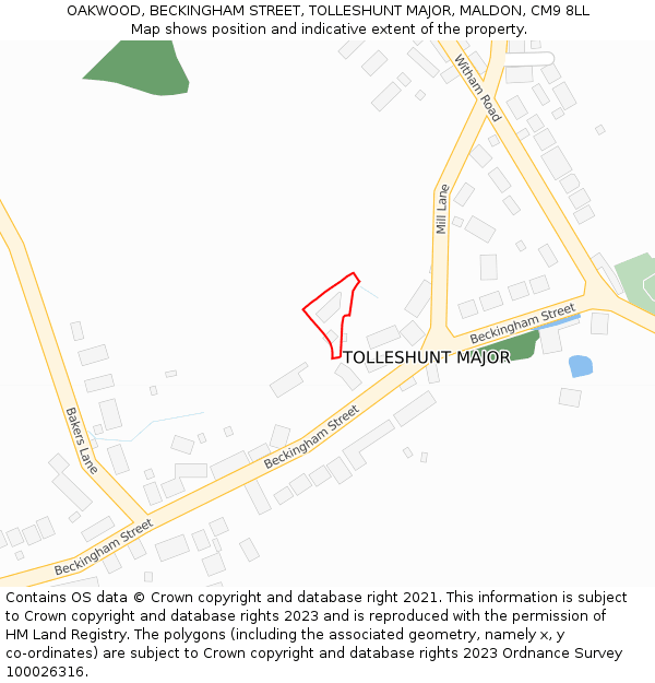 OAKWOOD, BECKINGHAM STREET, TOLLESHUNT MAJOR, MALDON, CM9 8LL: Location map and indicative extent of plot