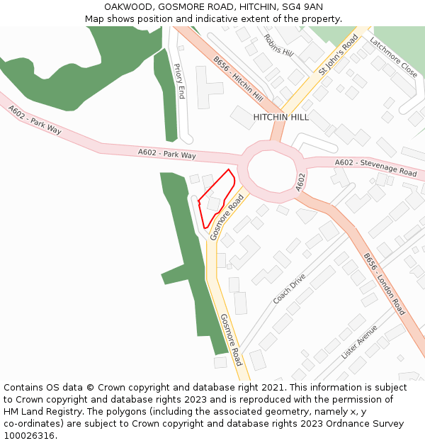 OAKWOOD, GOSMORE ROAD, HITCHIN, SG4 9AN: Location map and indicative extent of plot