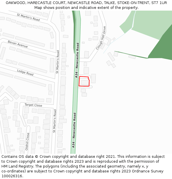 OAKWOOD, HARECASTLE COURT, NEWCASTLE ROAD, TALKE, STOKE-ON-TRENT, ST7 1UR: Location map and indicative extent of plot