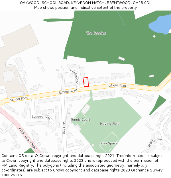 OAKWOOD, SCHOOL ROAD, KELVEDON HATCH, BRENTWOOD, CM15 0DL: Location map and indicative extent of plot