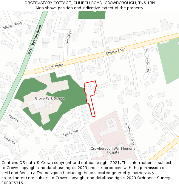 OBSERVATORY COTTAGE, CHURCH ROAD, CROWBOROUGH, TN6 1BN: Location map and indicative extent of plot