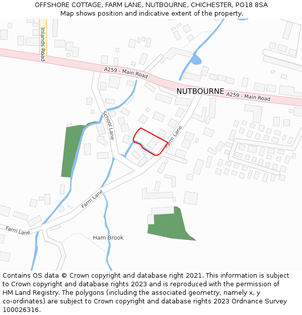 OFFSHORE COTTAGE, FARM LANE, NUTBOURNE, CHICHESTER, PO18 8SA: Location map and indicative extent of plot