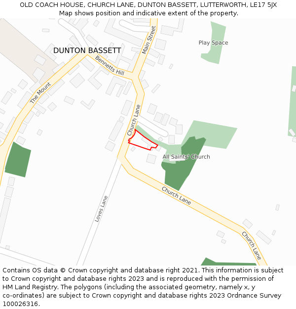 OLD COACH HOUSE, CHURCH LANE, DUNTON BASSETT, LUTTERWORTH, LE17 5JX: Location map and indicative extent of plot