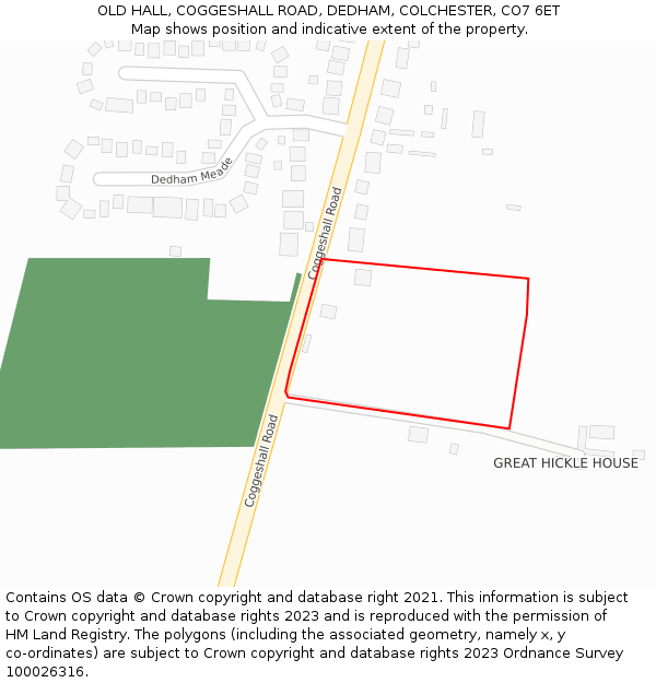 OLD HALL, COGGESHALL ROAD, DEDHAM, COLCHESTER, CO7 6ET: Location map and indicative extent of plot