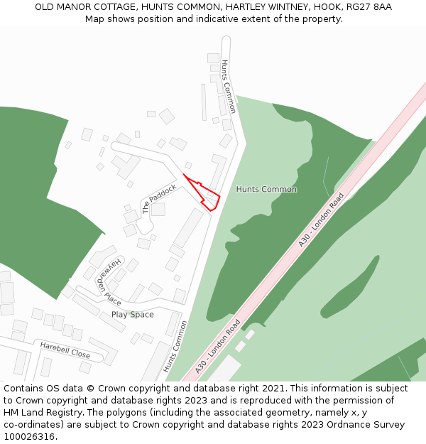 OLD MANOR COTTAGE, HUNTS COMMON, HARTLEY WINTNEY, HOOK, RG27 8AA: Location map and indicative extent of plot