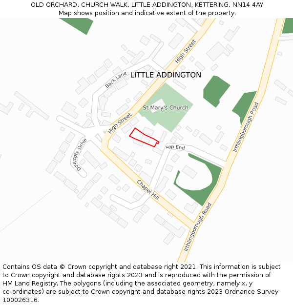OLD ORCHARD, CHURCH WALK, LITTLE ADDINGTON, KETTERING, NN14 4AY: Location map and indicative extent of plot