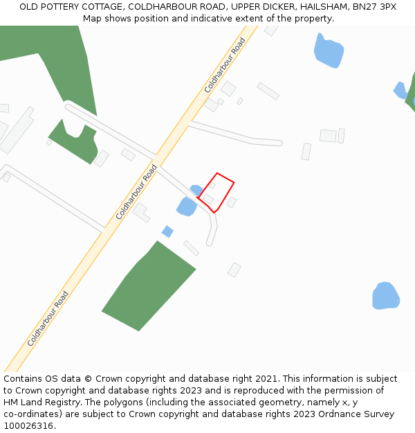 OLD POTTERY COTTAGE, COLDHARBOUR ROAD, UPPER DICKER, HAILSHAM, BN27 3PX: Location map and indicative extent of plot