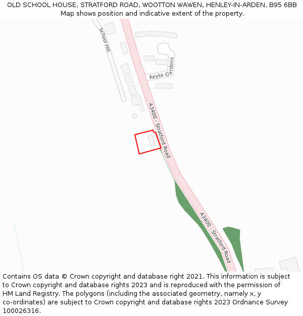 OLD SCHOOL HOUSE, STRATFORD ROAD, WOOTTON WAWEN, HENLEY-IN-ARDEN, B95 6BB: Location map and indicative extent of plot