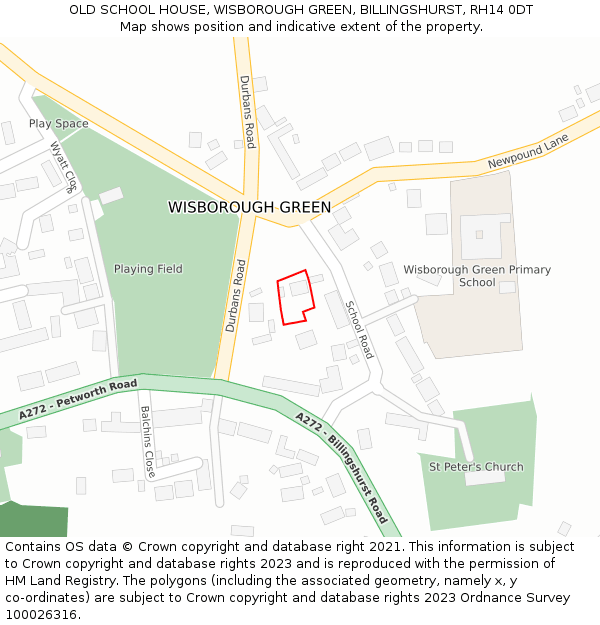 OLD SCHOOL HOUSE, WISBOROUGH GREEN, BILLINGSHURST, RH14 0DT: Location map and indicative extent of plot