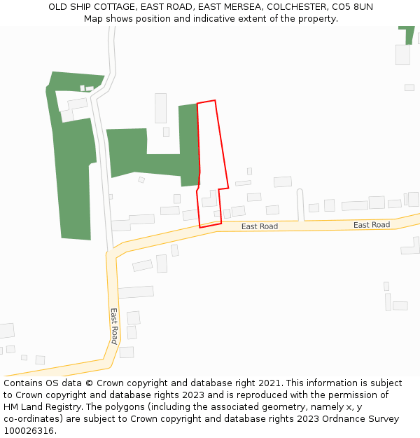 OLD SHIP COTTAGE, EAST ROAD, EAST MERSEA, COLCHESTER, CO5 8UN: Location map and indicative extent of plot