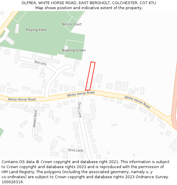 OLFREA, WHITE HORSE ROAD, EAST BERGHOLT, COLCHESTER, CO7 6TU: Location map and indicative extent of plot