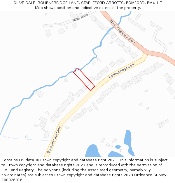 OLIVE DALE, BOURNEBRIDGE LANE, STAPLEFORD ABBOTTS, ROMFORD, RM4 1LT: Location map and indicative extent of plot