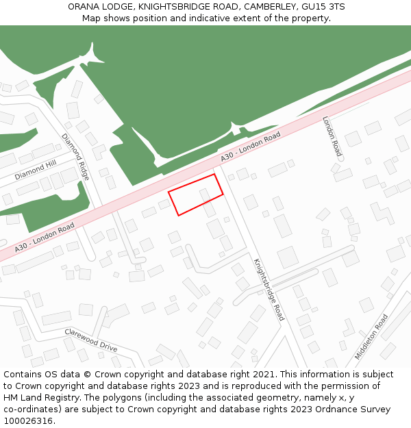 ORANA LODGE, KNIGHTSBRIDGE ROAD, CAMBERLEY, GU15 3TS: Location map and indicative extent of plot