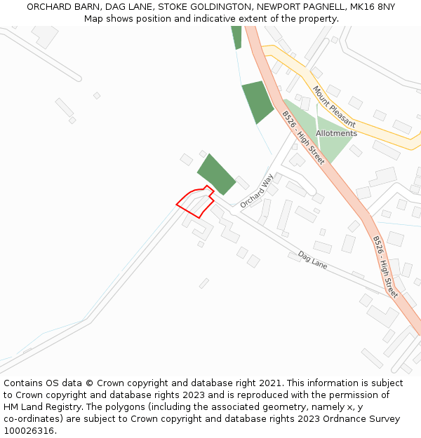 ORCHARD BARN, DAG LANE, STOKE GOLDINGTON, NEWPORT PAGNELL, MK16 8NY: Location map and indicative extent of plot