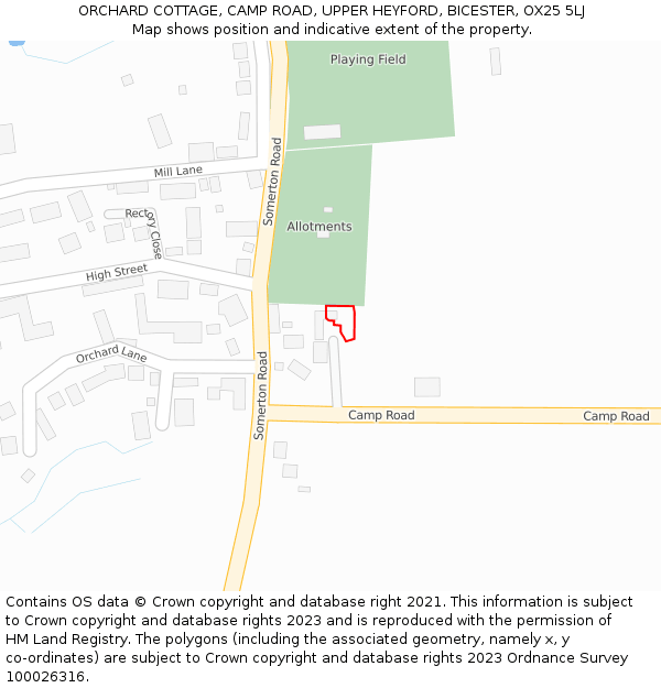 ORCHARD COTTAGE, CAMP ROAD, UPPER HEYFORD, BICESTER, OX25 5LJ: Location map and indicative extent of plot