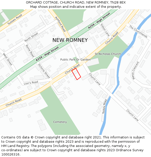 ORCHARD COTTAGE, CHURCH ROAD, NEW ROMNEY, TN28 8EX: Location map and indicative extent of plot