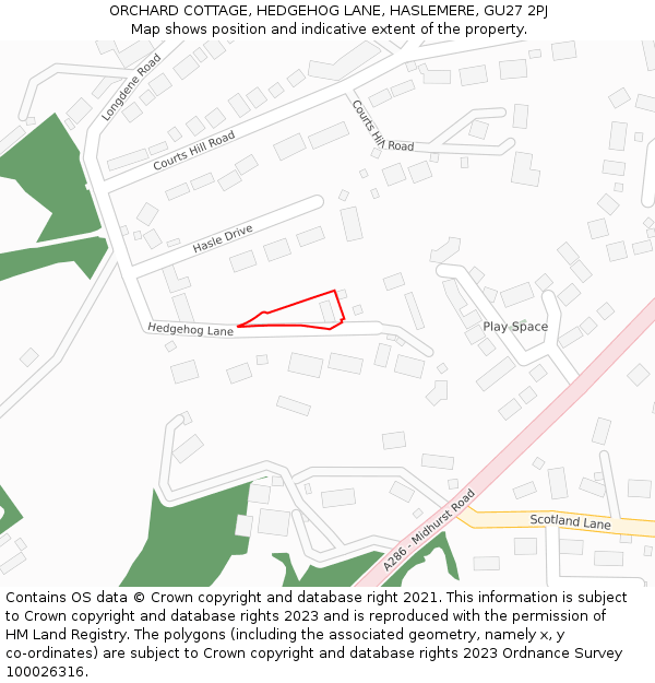 ORCHARD COTTAGE, HEDGEHOG LANE, HASLEMERE, GU27 2PJ: Location map and indicative extent of plot