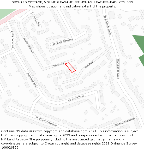 ORCHARD COTTAGE, MOUNT PLEASANT, EFFINGHAM, LEATHERHEAD, KT24 5NS: Location map and indicative extent of plot