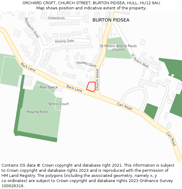 ORCHARD CROFT, CHURCH STREET, BURTON PIDSEA, HULL, HU12 9AU: Location map and indicative extent of plot
