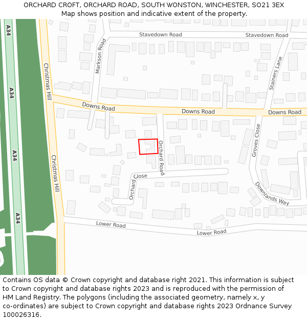 ORCHARD CROFT, ORCHARD ROAD, SOUTH WONSTON, WINCHESTER, SO21 3EX: Location map and indicative extent of plot