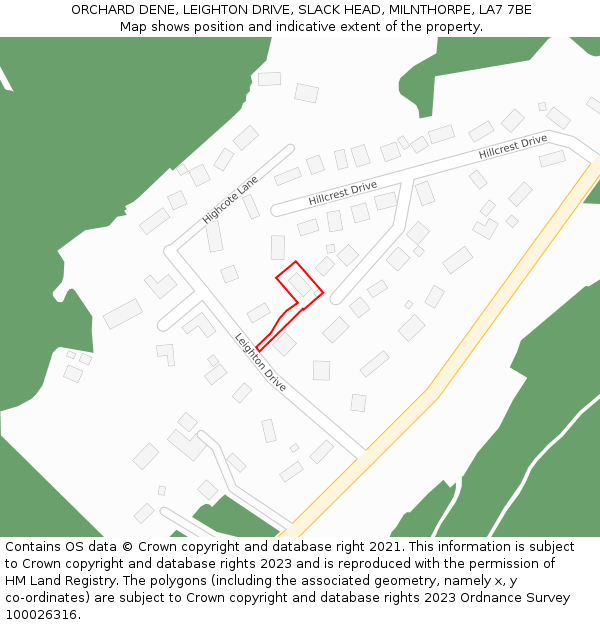 ORCHARD DENE, LEIGHTON DRIVE, SLACK HEAD, MILNTHORPE, LA7 7BE: Location map and indicative extent of plot