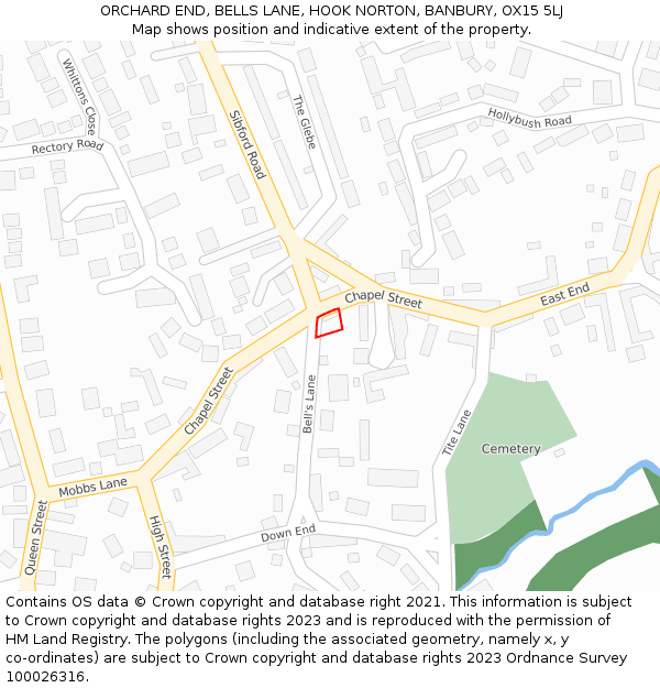 ORCHARD END, BELLS LANE, HOOK NORTON, BANBURY, OX15 5LJ: Location map and indicative extent of plot