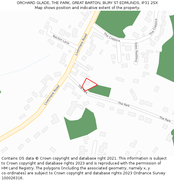 ORCHARD GLADE, THE PARK, GREAT BARTON, BURY ST EDMUNDS, IP31 2SX: Location map and indicative extent of plot
