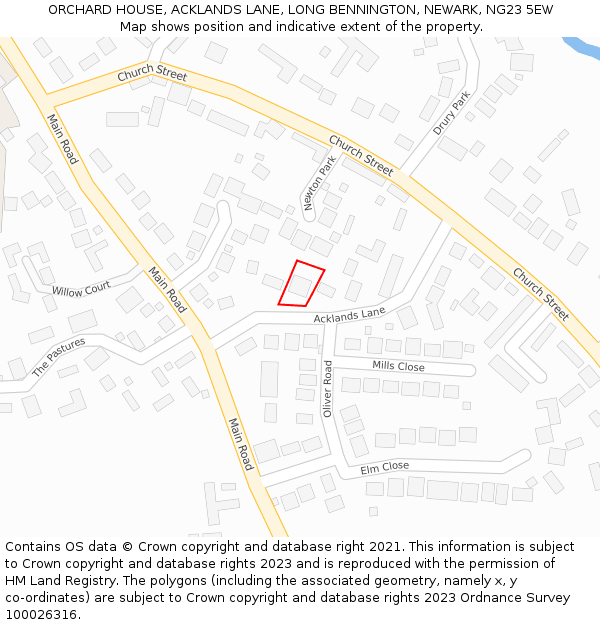 ORCHARD HOUSE, ACKLANDS LANE, LONG BENNINGTON, NEWARK, NG23 5EW: Location map and indicative extent of plot