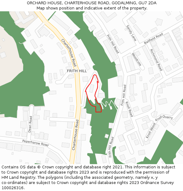 ORCHARD HOUSE, CHARTERHOUSE ROAD, GODALMING, GU7 2DA: Location map and indicative extent of plot