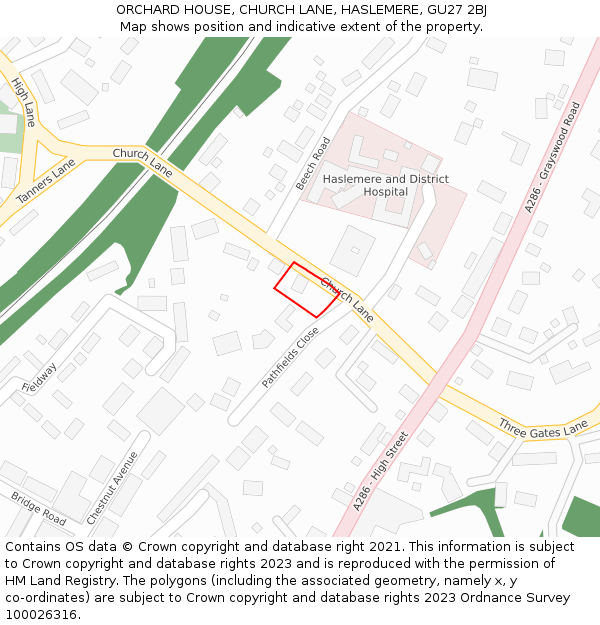 ORCHARD HOUSE, CHURCH LANE, HASLEMERE, GU27 2BJ: Location map and indicative extent of plot
