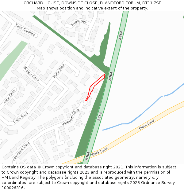 ORCHARD HOUSE, DOWNSIDE CLOSE, BLANDFORD FORUM, DT11 7SF: Location map and indicative extent of plot