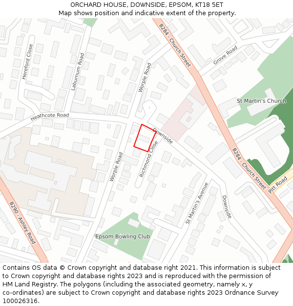 ORCHARD HOUSE, DOWNSIDE, EPSOM, KT18 5ET: Location map and indicative extent of plot