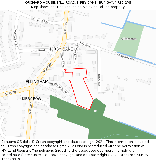 ORCHARD HOUSE, MILL ROAD, KIRBY CANE, BUNGAY, NR35 2PS: Location map and indicative extent of plot