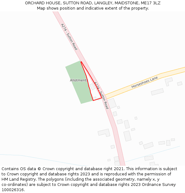 ORCHARD HOUSE, SUTTON ROAD, LANGLEY, MAIDSTONE, ME17 3LZ: Location map and indicative extent of plot