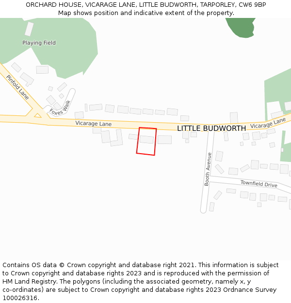 ORCHARD HOUSE, VICARAGE LANE, LITTLE BUDWORTH, TARPORLEY, CW6 9BP: Location map and indicative extent of plot