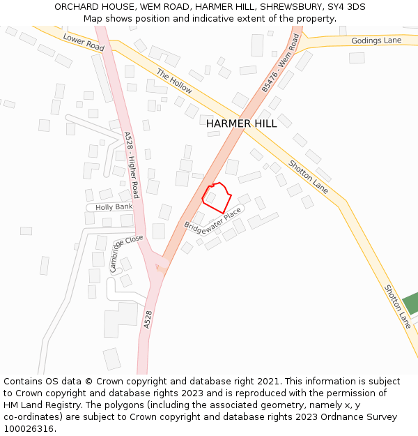 ORCHARD HOUSE, WEM ROAD, HARMER HILL, SHREWSBURY, SY4 3DS: Location map and indicative extent of plot