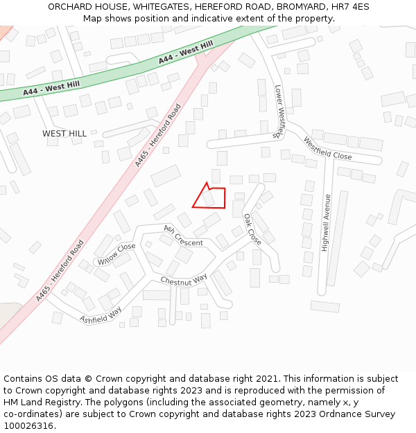 ORCHARD HOUSE, WHITEGATES, HEREFORD ROAD, BROMYARD, HR7 4ES: Location map and indicative extent of plot