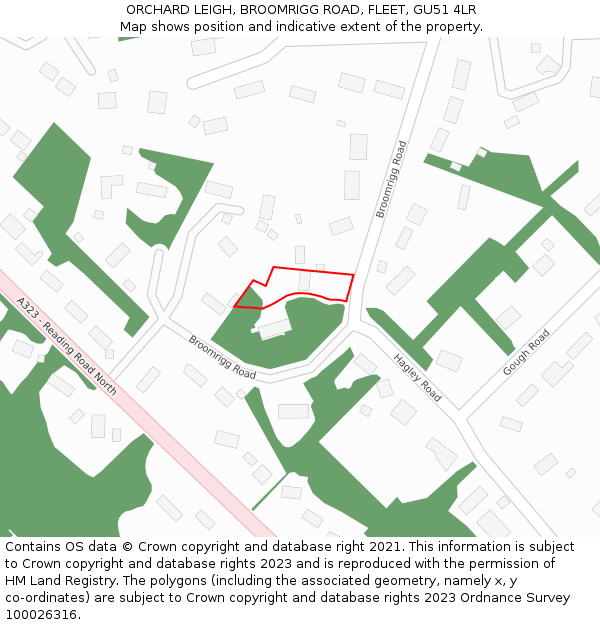 ORCHARD LEIGH, BROOMRIGG ROAD, FLEET, GU51 4LR: Location map and indicative extent of plot