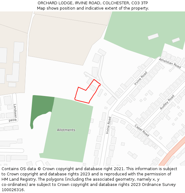 ORCHARD LODGE, IRVINE ROAD, COLCHESTER, CO3 3TP: Location map and indicative extent of plot